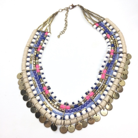 3/$30 HOT PINK BLUE SEQUIN BEAD COIN BIB STATEMENT BOHO TRIBAL NECKLACE COLORFUL - Picture 7 of 16
